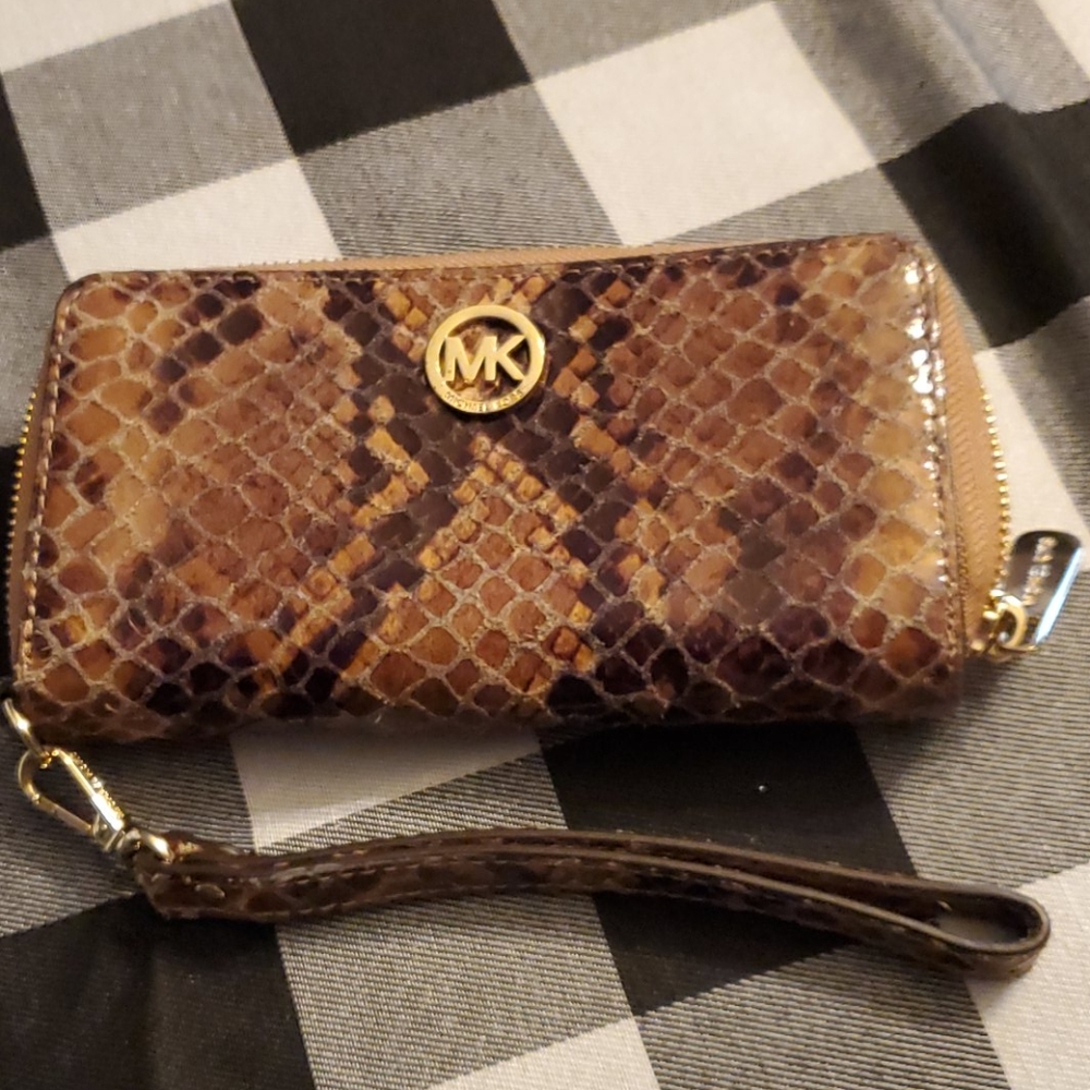 Michael Kors Brown Snakeskin-Print Wristlet Wallet with Gold Hardware